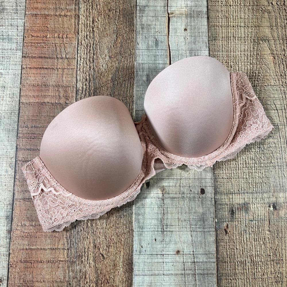 Victoria's Secret Pink Nude Lace Trim Strapless Multi-Way Padded Bra 34D Floral
